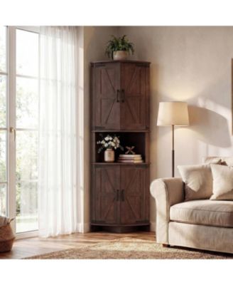 64.8 Inch Farmhouse Corner Storage Cabinet with barn doors, adjustable shelves, and engineered wood construction for versatile storage.