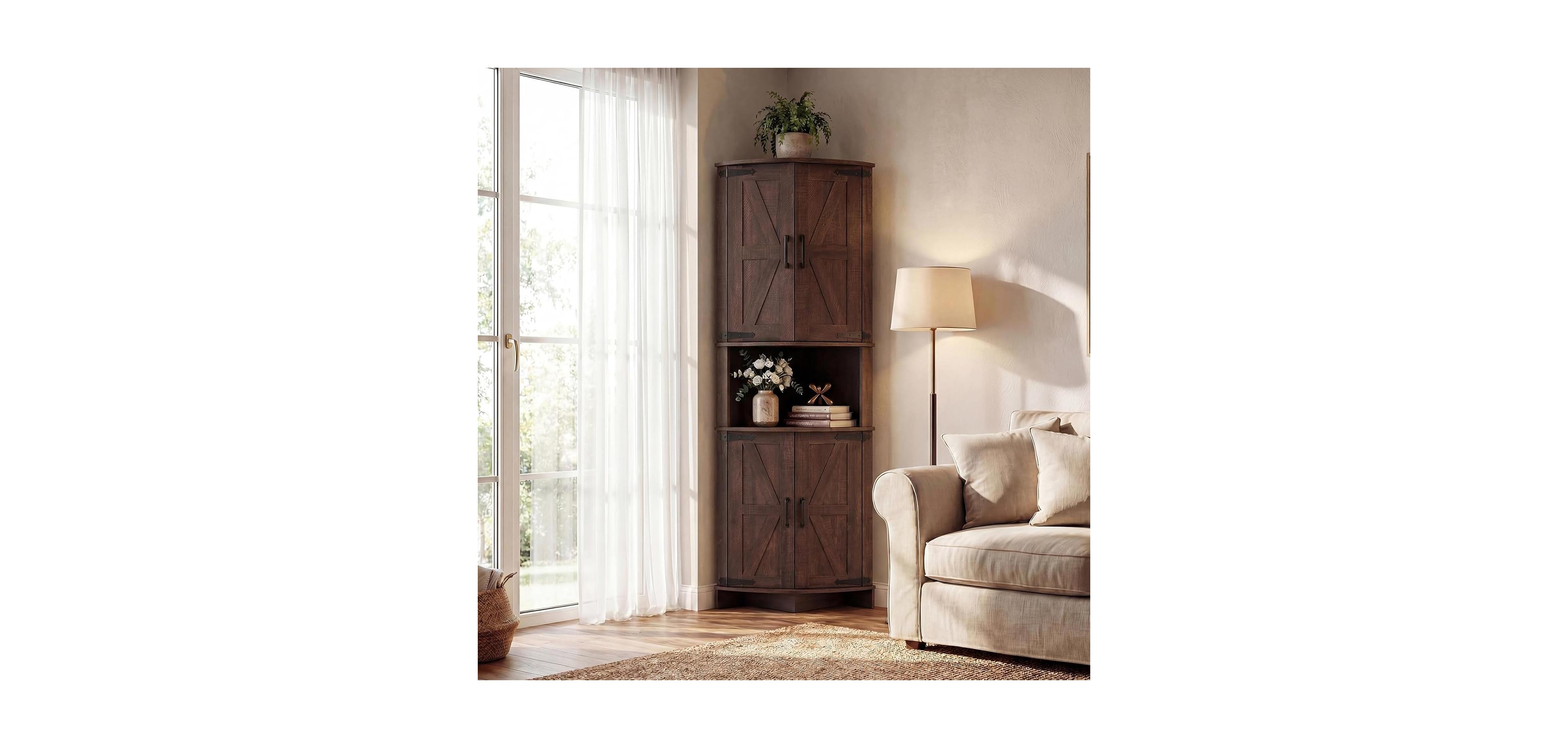 Homfan 64.8 Inch Farmhouse Corner Storage Cabinet with barn doors, adjustable shelves, and engineered wood construction for versatile storage.