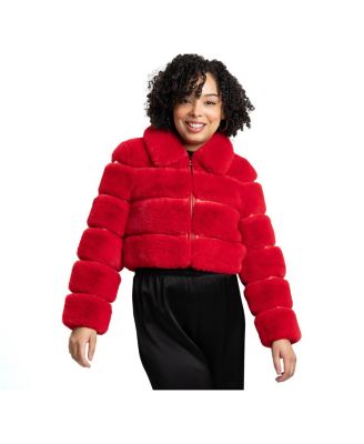 Women's Carlyn Faux Fur and Faux Leather Striped Cropped Bomber Jacket
