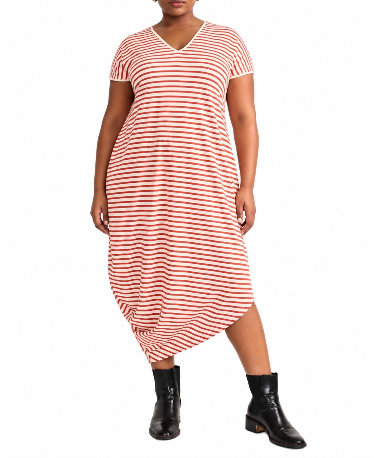 Universal Standard Plus Size Iconic Geneva V-Neck Short-Sleeve Midi Dress - Ecru/poppy stripe