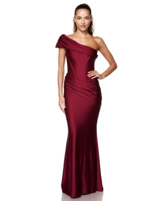 Juniors' One-Shoulder Corset Bodice Asymmetrical Waist Gown