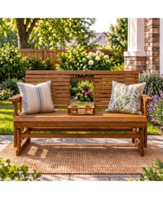 5Ft Solid Wood Patio Glider Bench with Drop-Down Cup Holder, 3-Seater Outdoor Gliding Chair for Porch and Garden