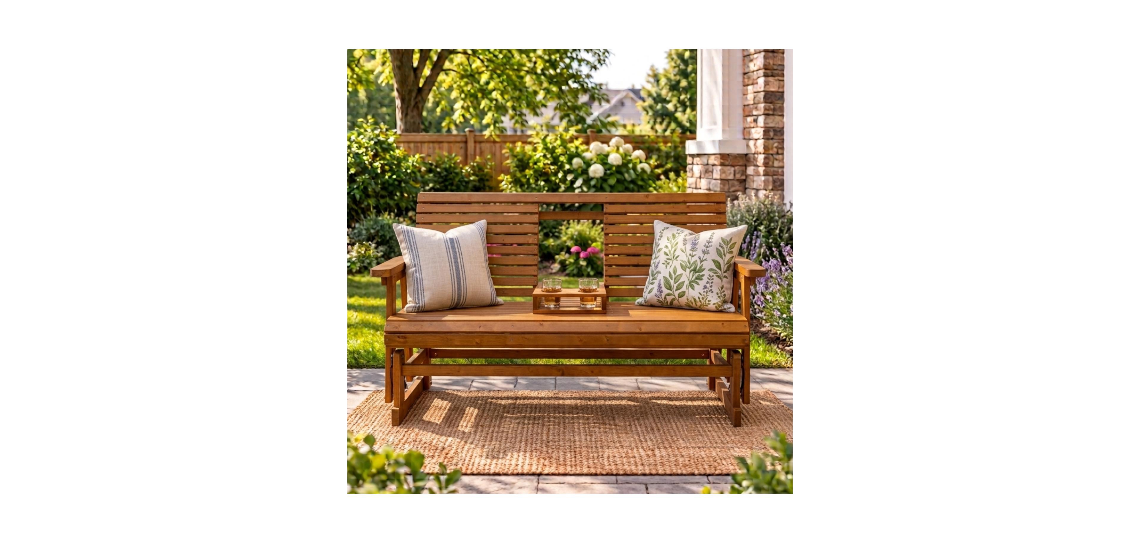 Innovaze Ft Solid Wood Patio Glider Bench with Drop-Down Cup Holder, 3-Seater Outdoor Gliding Chair for Porch and Garden