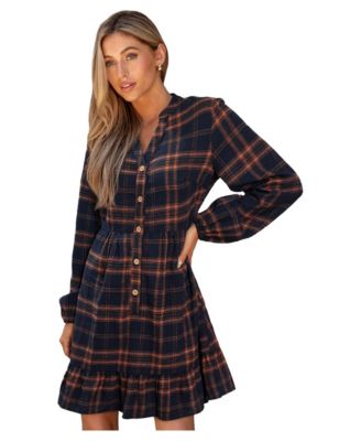 Women's First Edition Long-Sleeve Plaid V-Neck Mini Dress