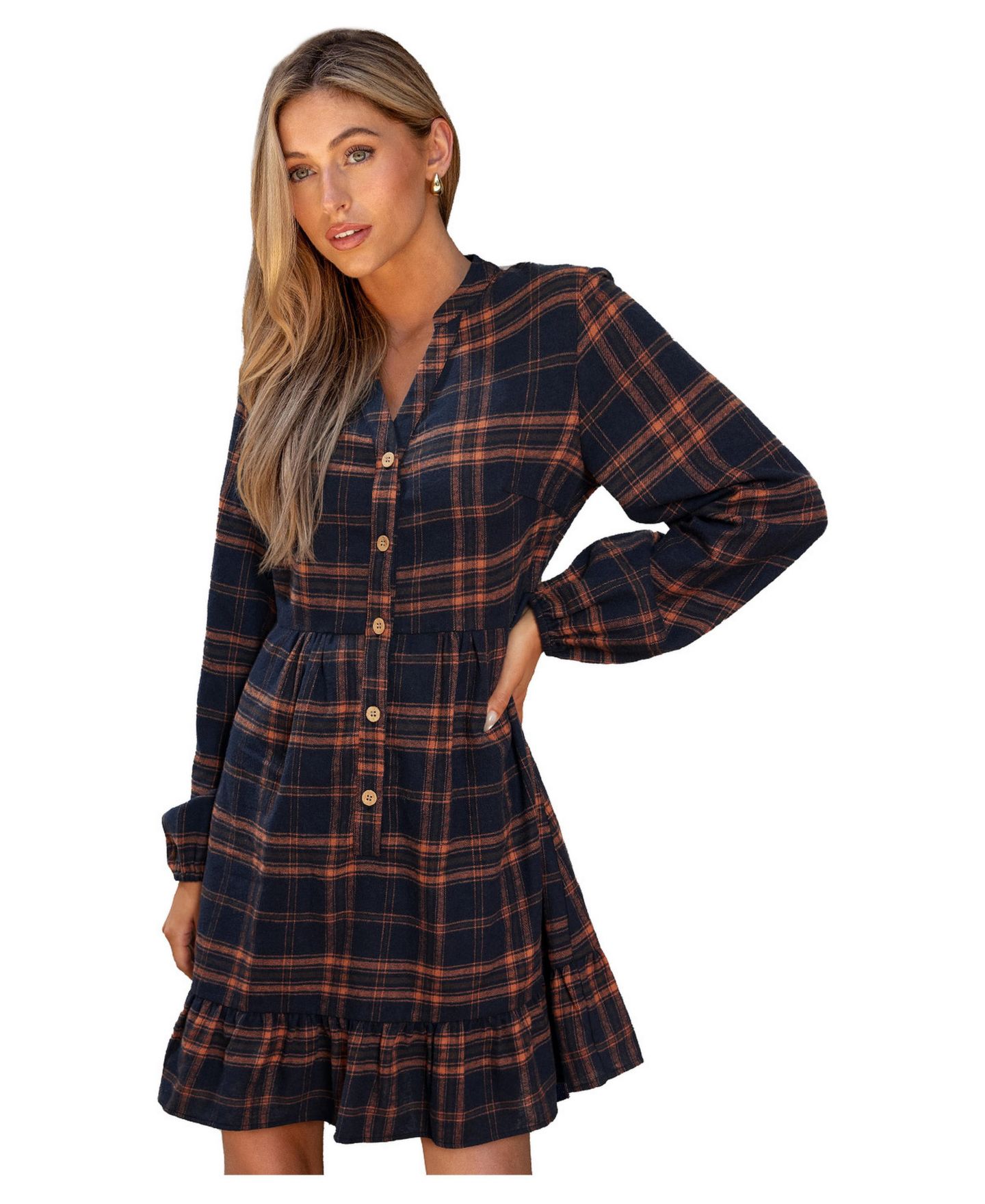 Женское платье Cupshe First Edition Long-Sleeve Plaid V-Neck Mini, цвет: Тёмный синий — фото 1