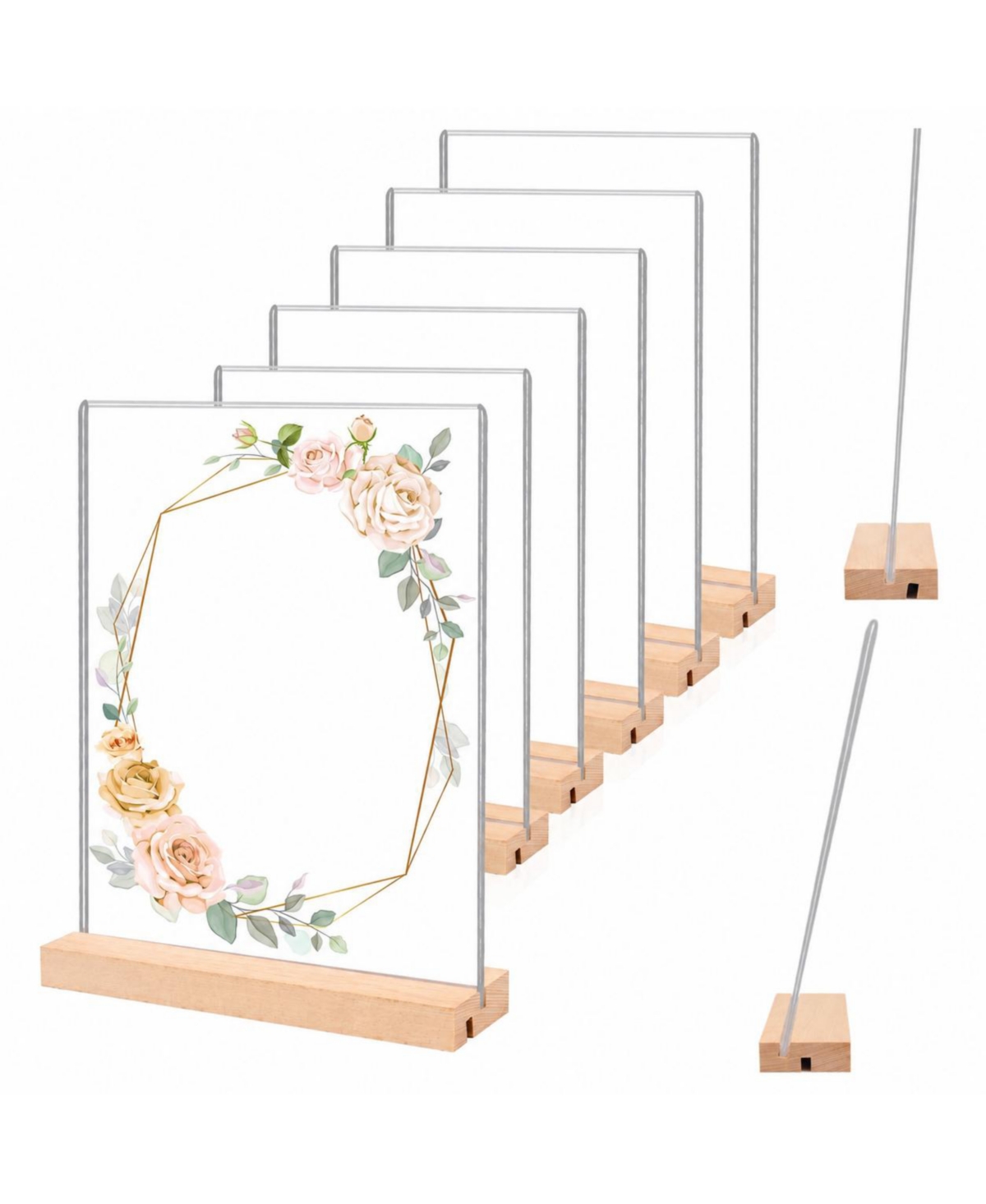 Lowking 6 Pack Double Sided Acrylic Sign Holder Table Top Display Stand with Non Slip Mats Organizer - Wood base 6 pack