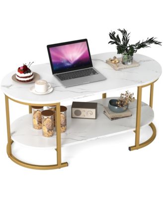 2-Tier Wooden Accent Table w/Spacious Tabletop Open Storage Shelf for Room