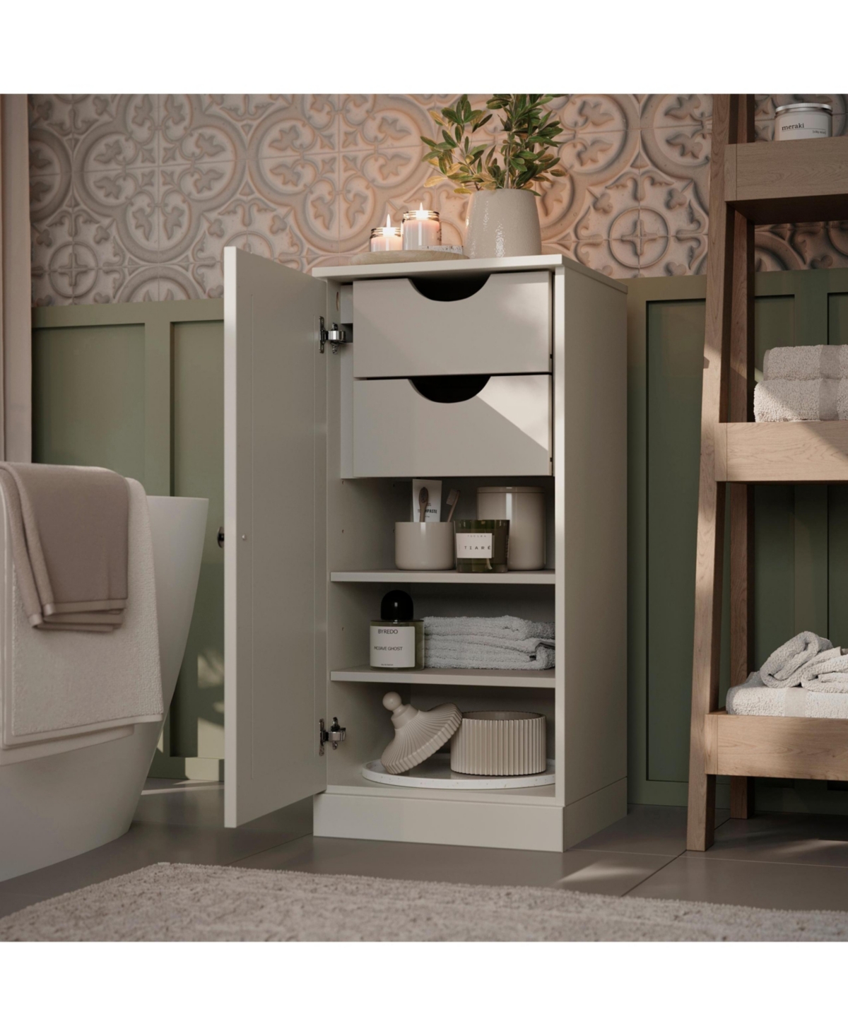 Palace Imports 100% Solid Wood Bathroom Linen Cabinet, 16.5"W x 35.75"H, Shaker Door, 2 Drawers and Adjustable Shelves - Off white