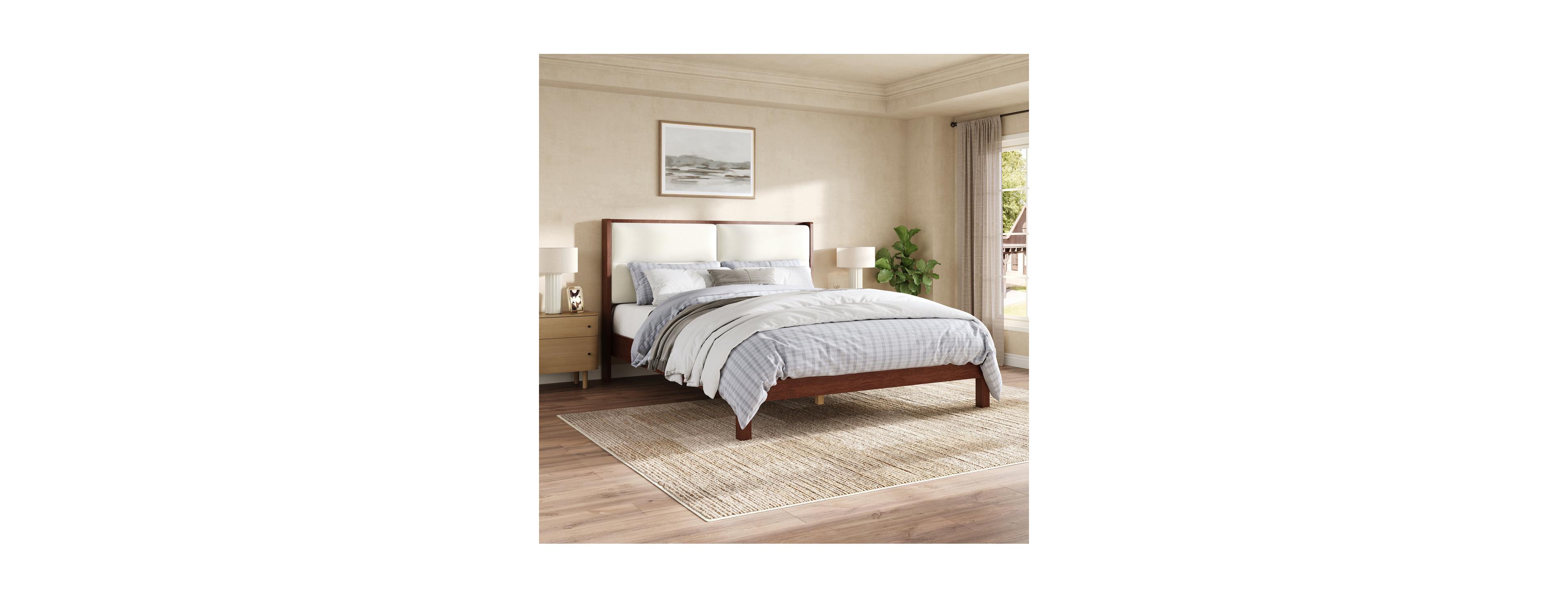 Streamdale Furniture Solid Wood Queen Platform Bed with Velvet Headboard