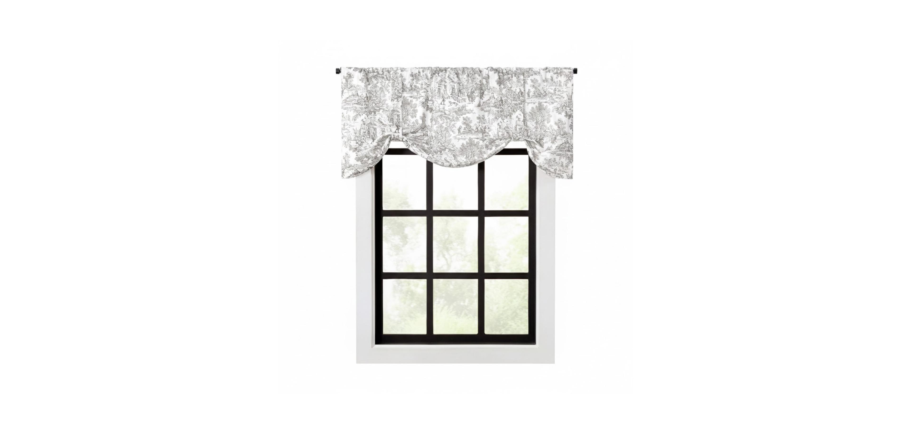 Ellis Curtain 100% Cotton Victoria Park Toile Tie Up Window Valance Includes 2 Looped Ties 60" x 24" Grey