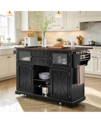 47.2" Rolling Kitchen Island with Drop Leaf, Power Outlet and Storage Cart