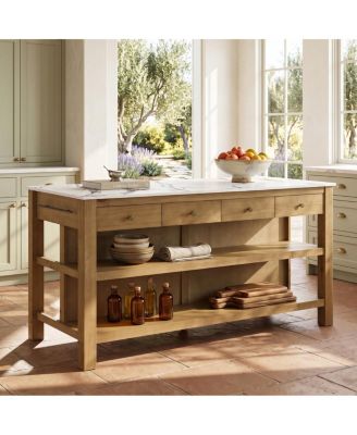 Dorothy Rustic Pine Kitchen Island with Marble-Look Top and Storage