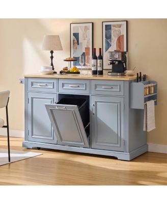 64.6" Rolling Kitchen Island with Trash Can Storage and Power Outlet