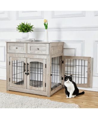 Wooden Cat Furniture 31.5 x 23.6 x 32.1 Inch MDF Cat Crate with Double Doors Side Door 2 Storage Drawers Washable Cushion Indoor Cat House