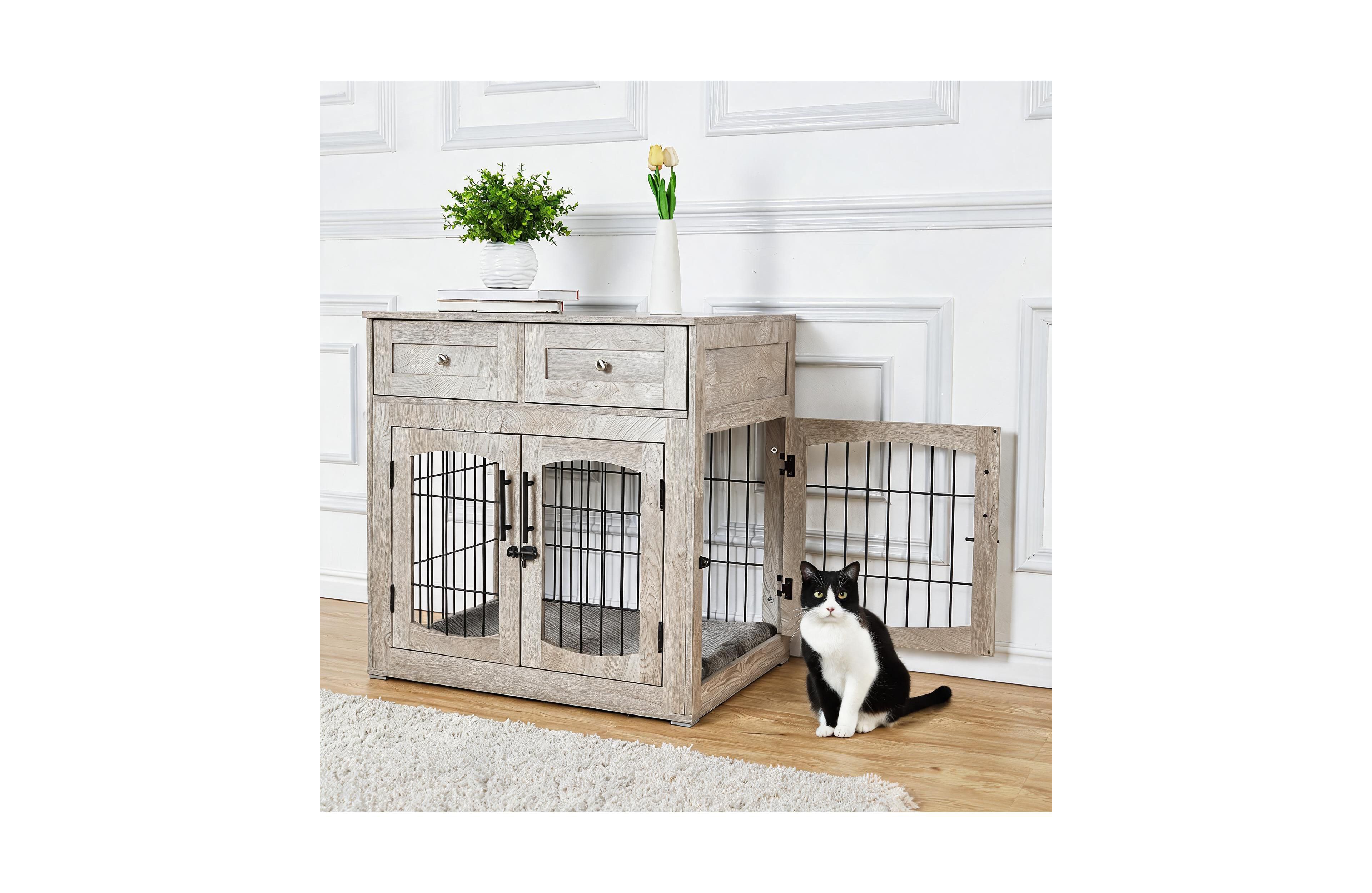 Lalfpet Wooden Cat Furniture 31.5 X 23.6 X 32.1 Inch Mdf Cat Crate With Double Doors Side Door 2 Storage Drawers Washable Cushion Indoor Cat House