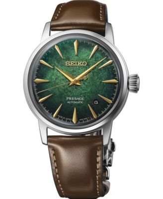 Men's Presage Cocktail Time Green Leather Strap Watch 38.5mm