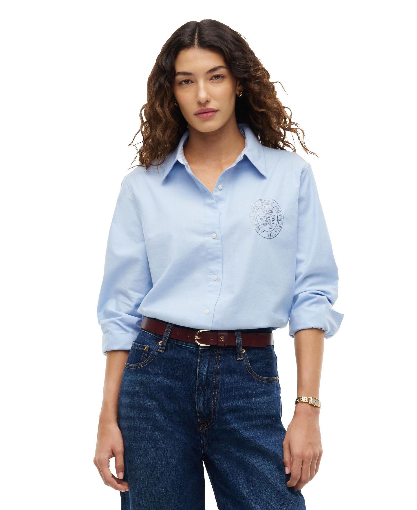 Женская рубашка Tommy Hilfiger Oxford Crest Bling Long-Sleeve, цвет: Синий — фото 1
