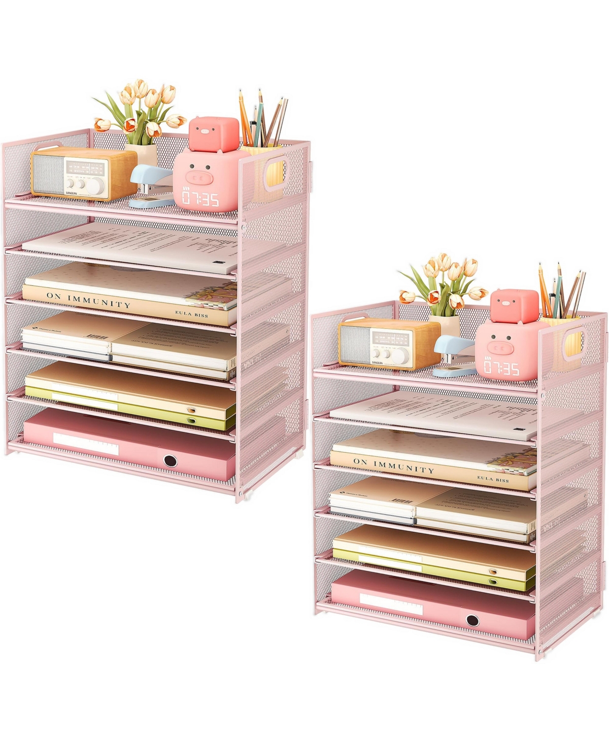 Four Candies Desk Paper Organizer With Handle Stackable Multi Tier Storage - 2 pack 6-tier - pink
