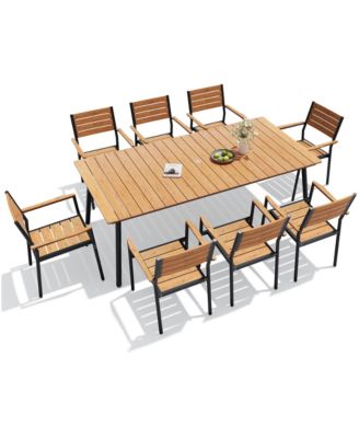 9-Piece Outdoor Aluminum Patio Dining Set Dining Table with Umbrella Hole and Stackable Chairs