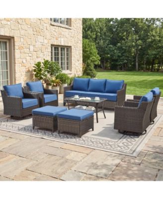 Horiz 8-Piece Wicker Patio Furniture Set with 3-Seat Sofa, 4 Swivel Rocking Chairs, 2 Ottomans and Coffee Table