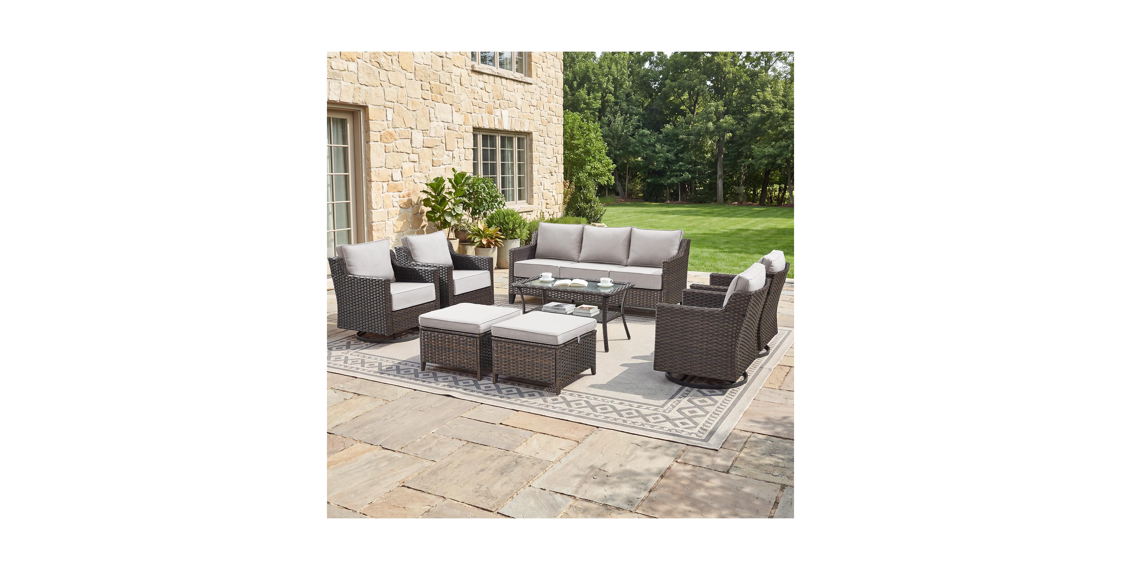 Pocassy Horiz 8-Piece Wicker Patio Furniture Set with 3-Seat Sofa, 4 Swivel Rocking Chairs, 2 Ottomans and Coffee Table