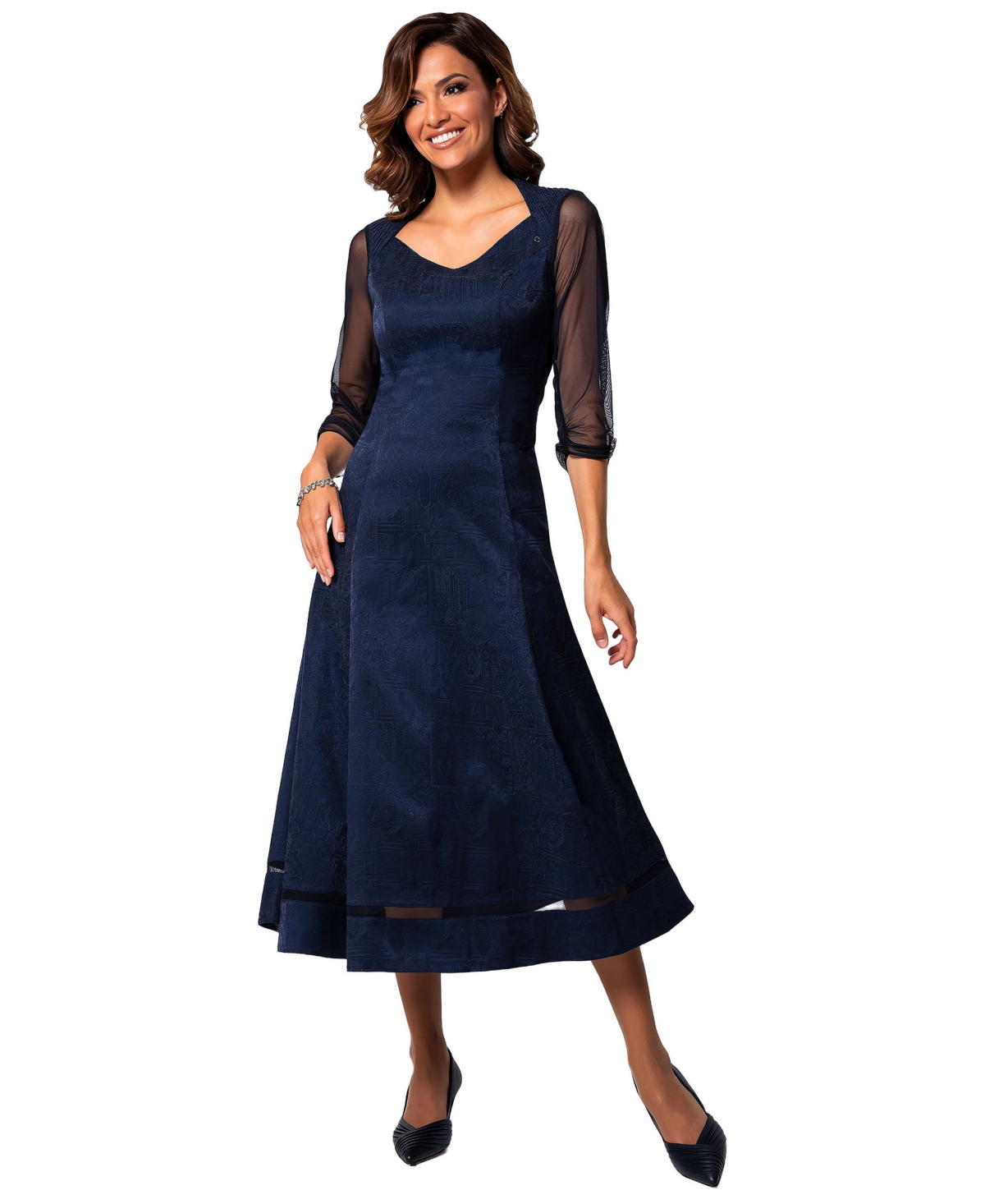 Luna Fashion House Women's Lucy A-Line Sweetheart V-Neck 3/4 Sheer Sleeves Midi Dress