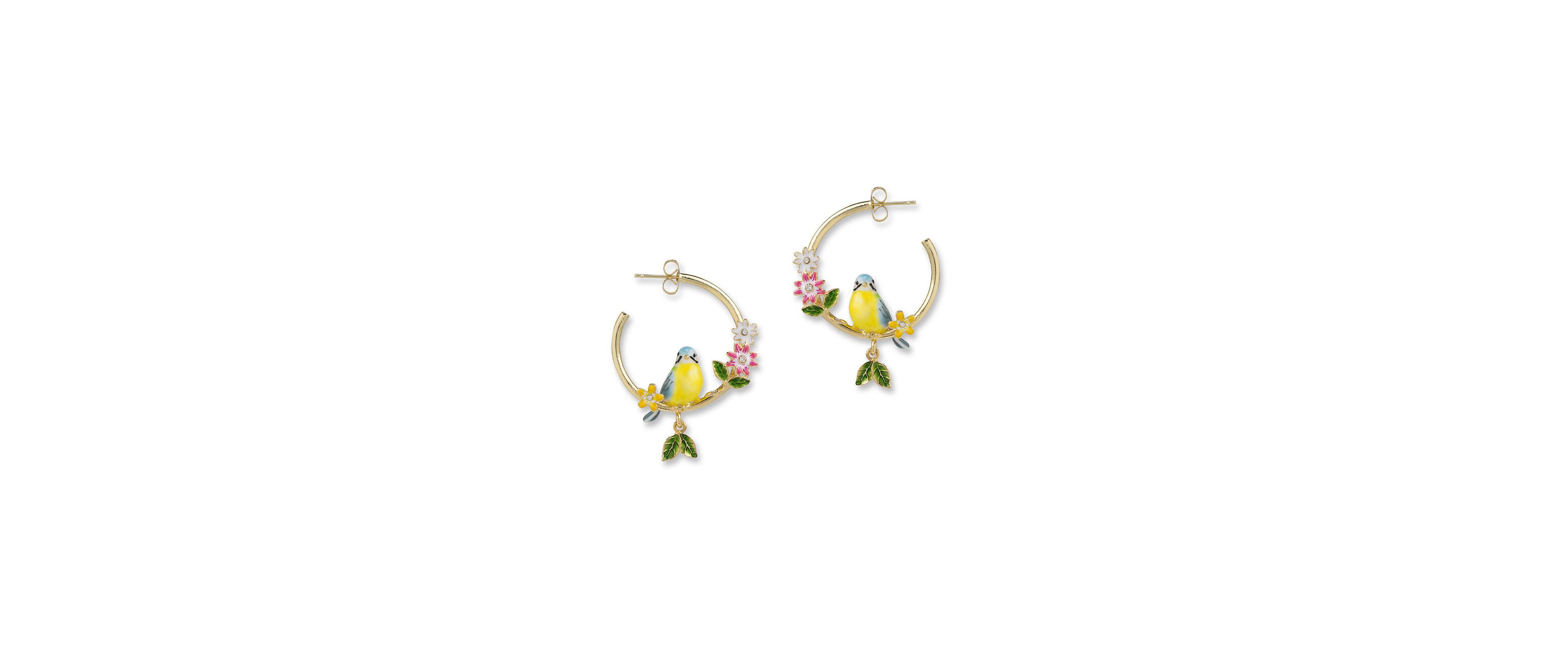 Bill Skinner Studio Crystal Hand-Painted Enamel Songbird Serenade Hoops