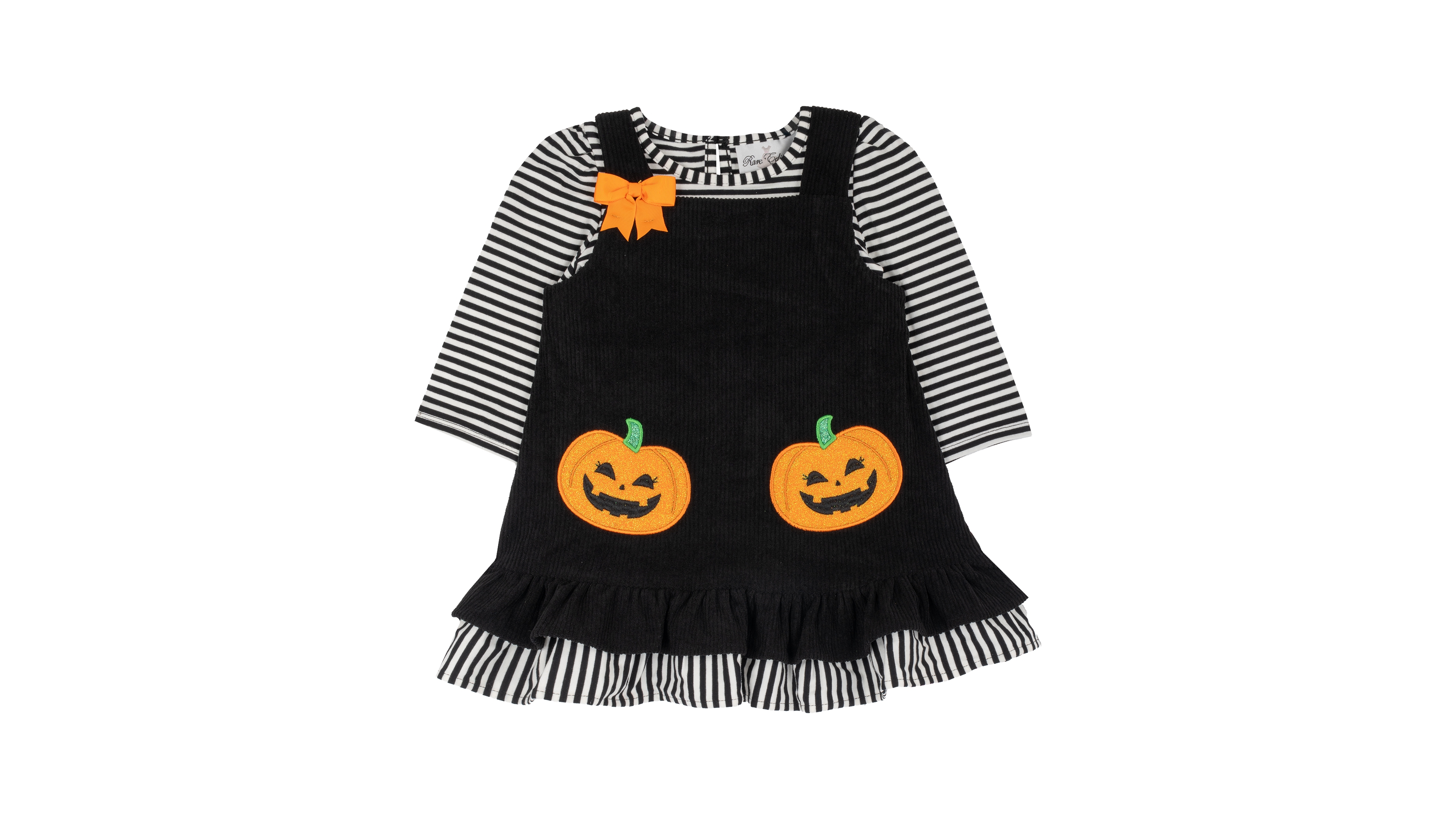 Rare Editions Toddler Girls' 2T-4T Pumpkin Applique Long-Sleeve Striped Top and Jumper Dress, 2-Piece Set