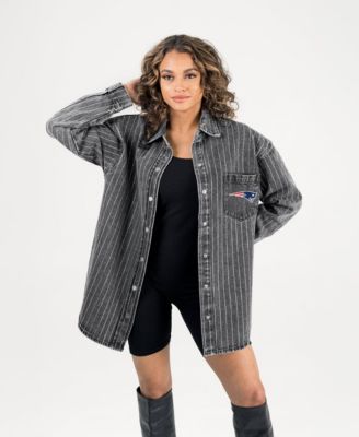 Women's Black New England Patriots Oversized Style's the Limit Micro-Rhinestone Stripe Washed Denim Button Up Overshirt