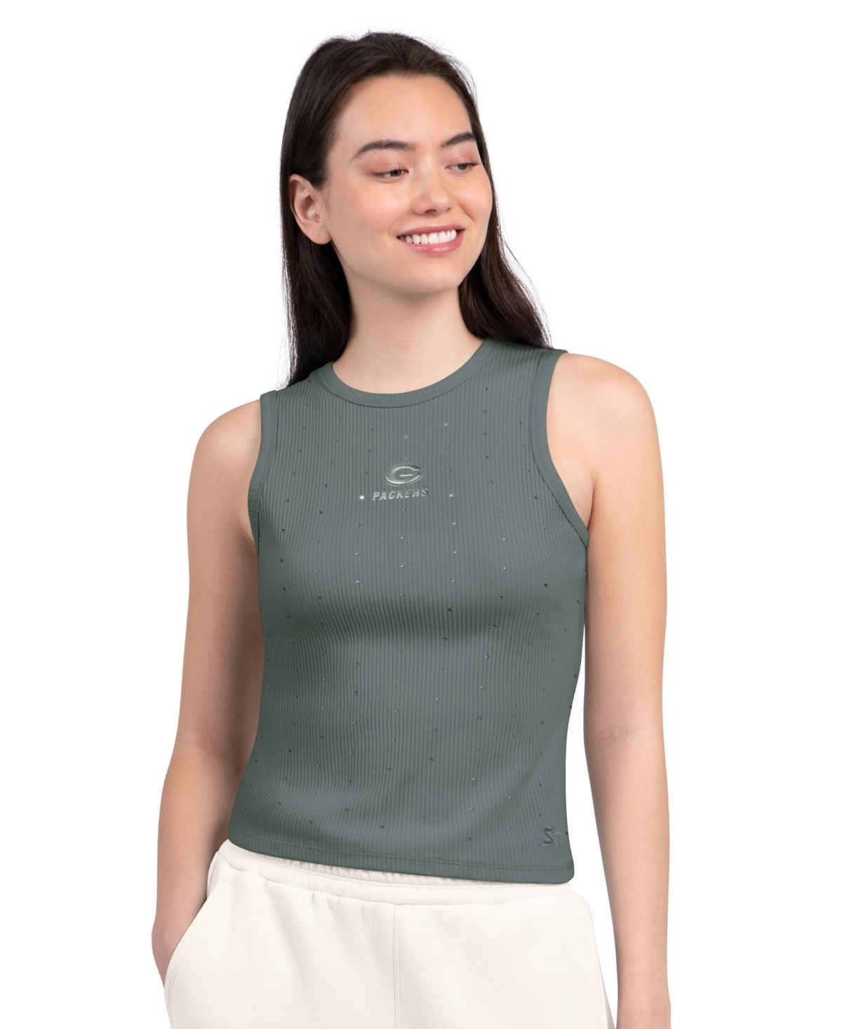 Starter Women's Green Bay Packers Rhinestone Sprinkle Ribbed Tank Top - Green