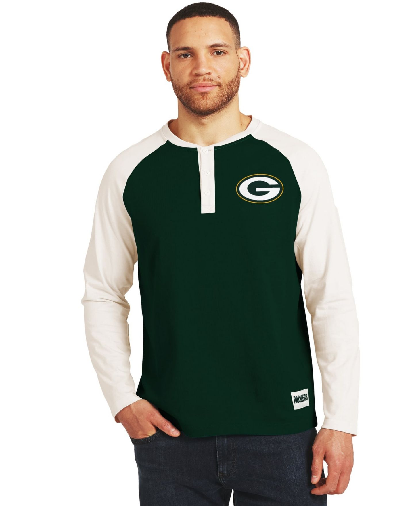 Мужская футболка Darius Rucker Collection By Fanatics Green/Cream Green Bay Packers Henley Long-Sleeve — фото 1
