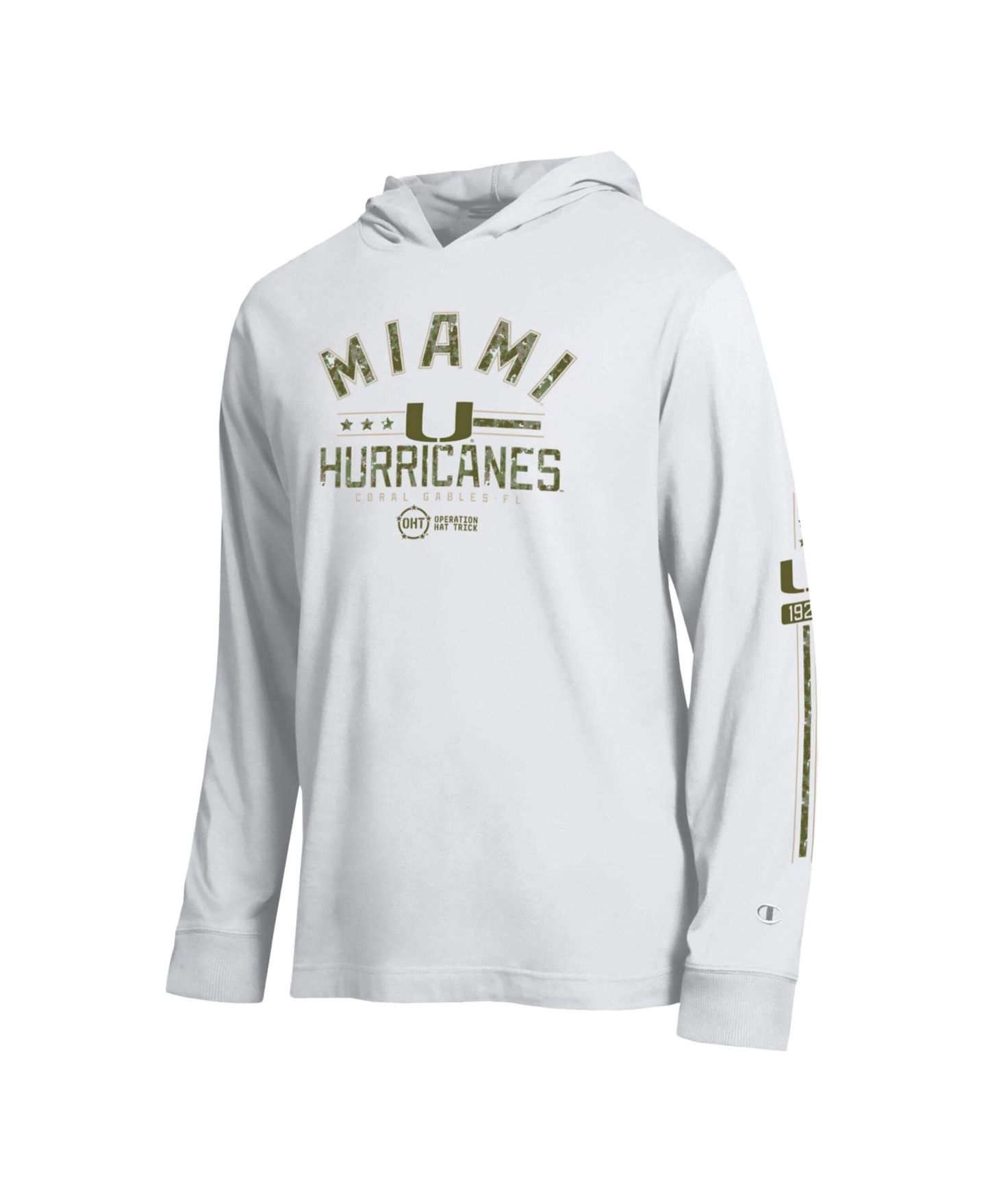 Мужская футболка Champion White Miami Hurricanes Operation Hat Trick Sleeve Line Hooded Long-Sleeve — фото 2