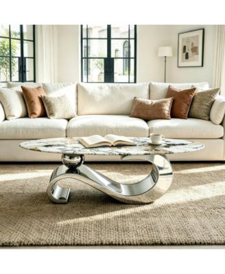 Modern Minimalist 51 x 27 x 17 in Marble-Patterned Stainless Steel Coffee Table