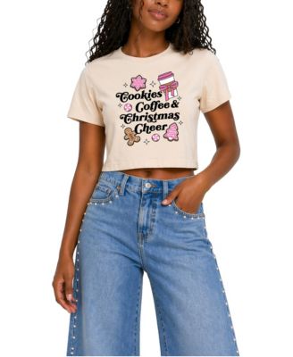 Women's Cookies Coffee and Christmas Cheer Graphic Cropped T-Shirt