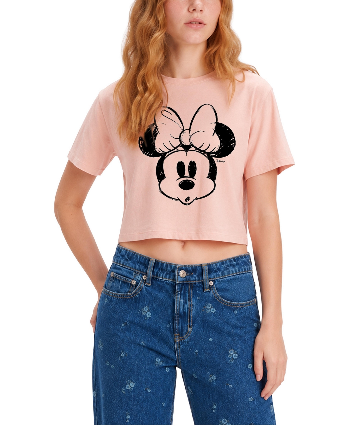 Disney Women's Juniors' Minnie Sketch Cropped Graphic T-Shirt - Blush