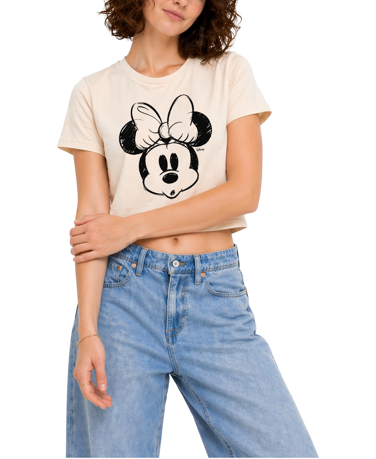 Disney Women's Juniors' Minnie Sketch Cropped Graphic T-Shirt - Birch