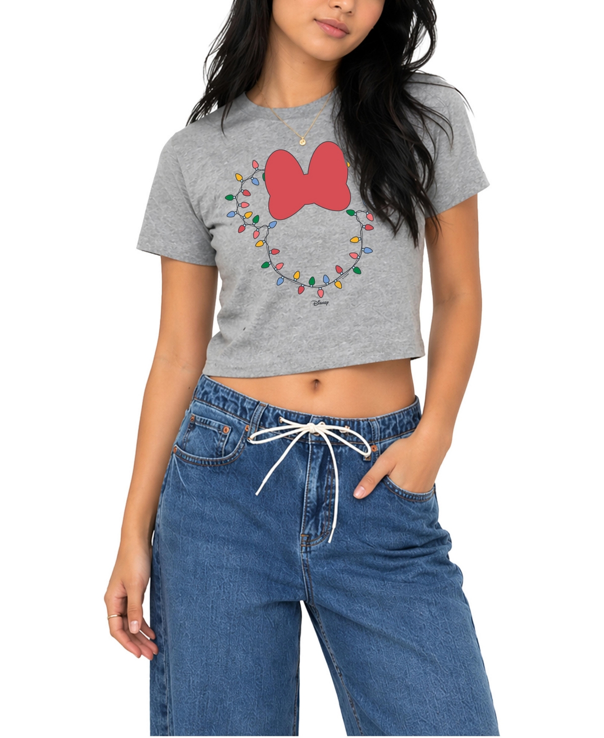 Disney Women's Christmas Lights Minnie Head Cropped Graphic T-Shirt - Heather grey