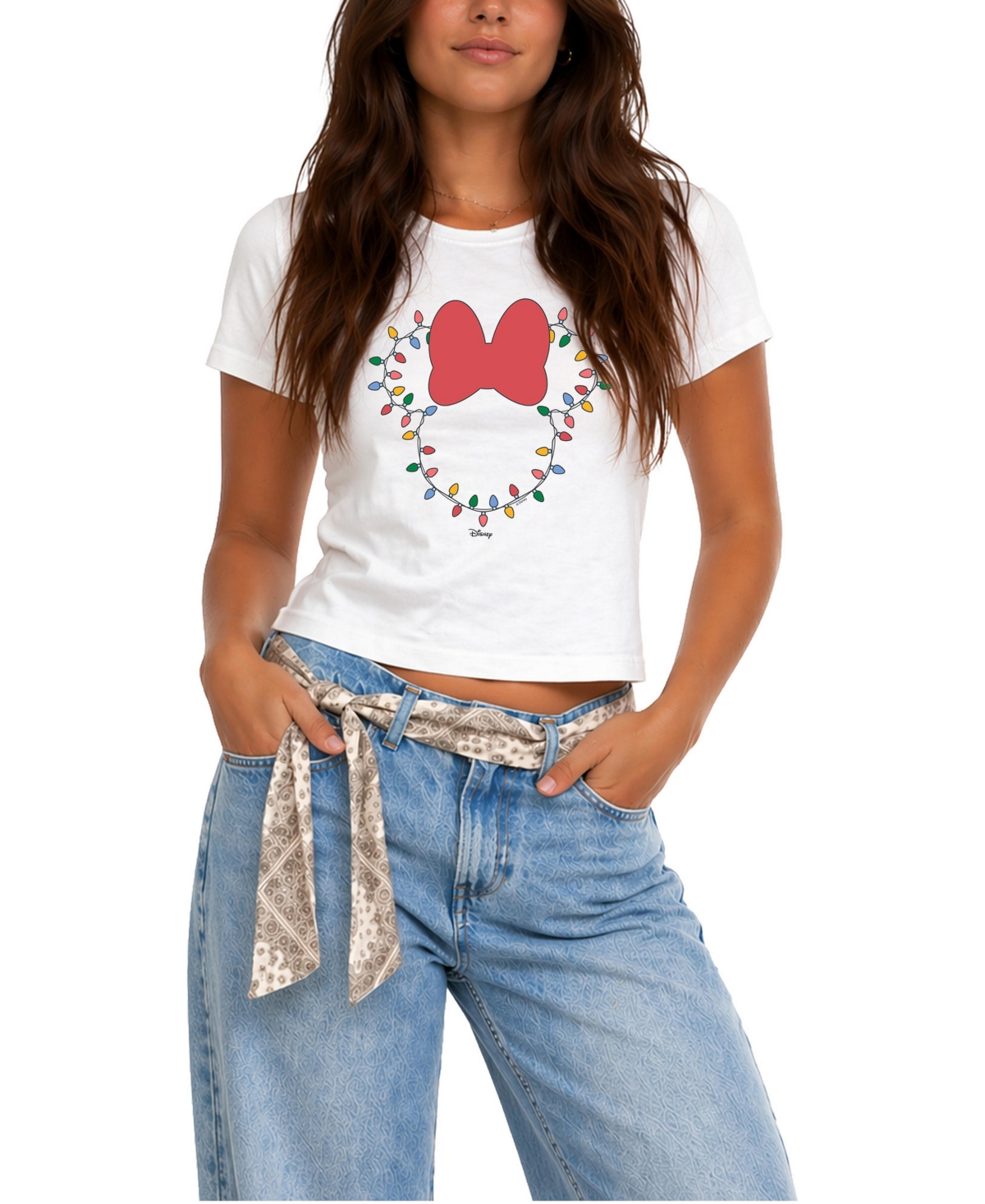 Disney Women's Christmas Lights Minnie Head Cropped Graphic T-Shirt - White