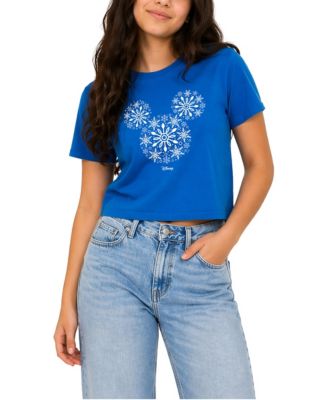 Women's Juniors' Snowflakes Mickey Ears Cropped Graphic T-Shirt