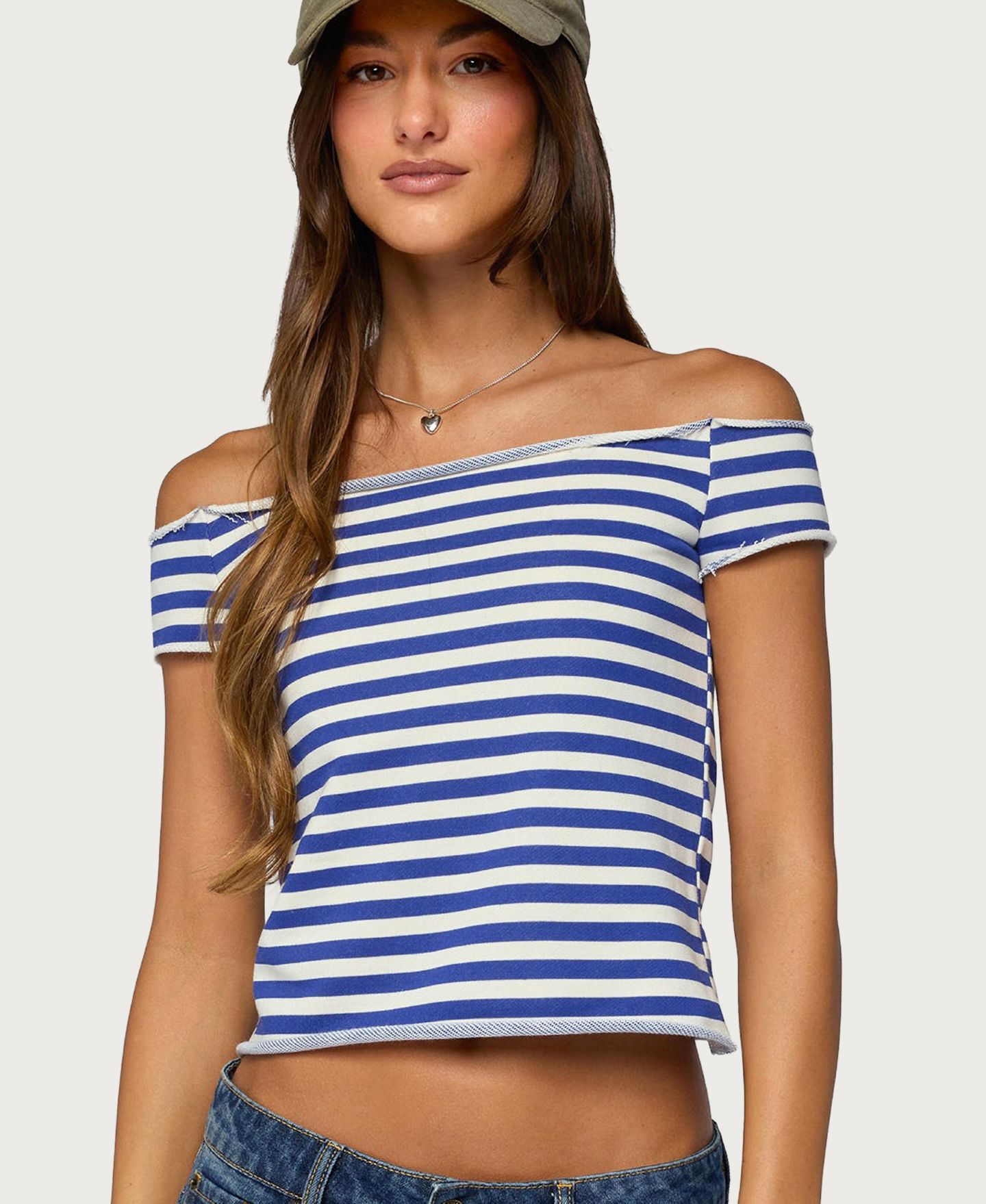 Женский топ Edikted French Terry Striped Off Shoulder, цвет: Синий белый — фото 1
