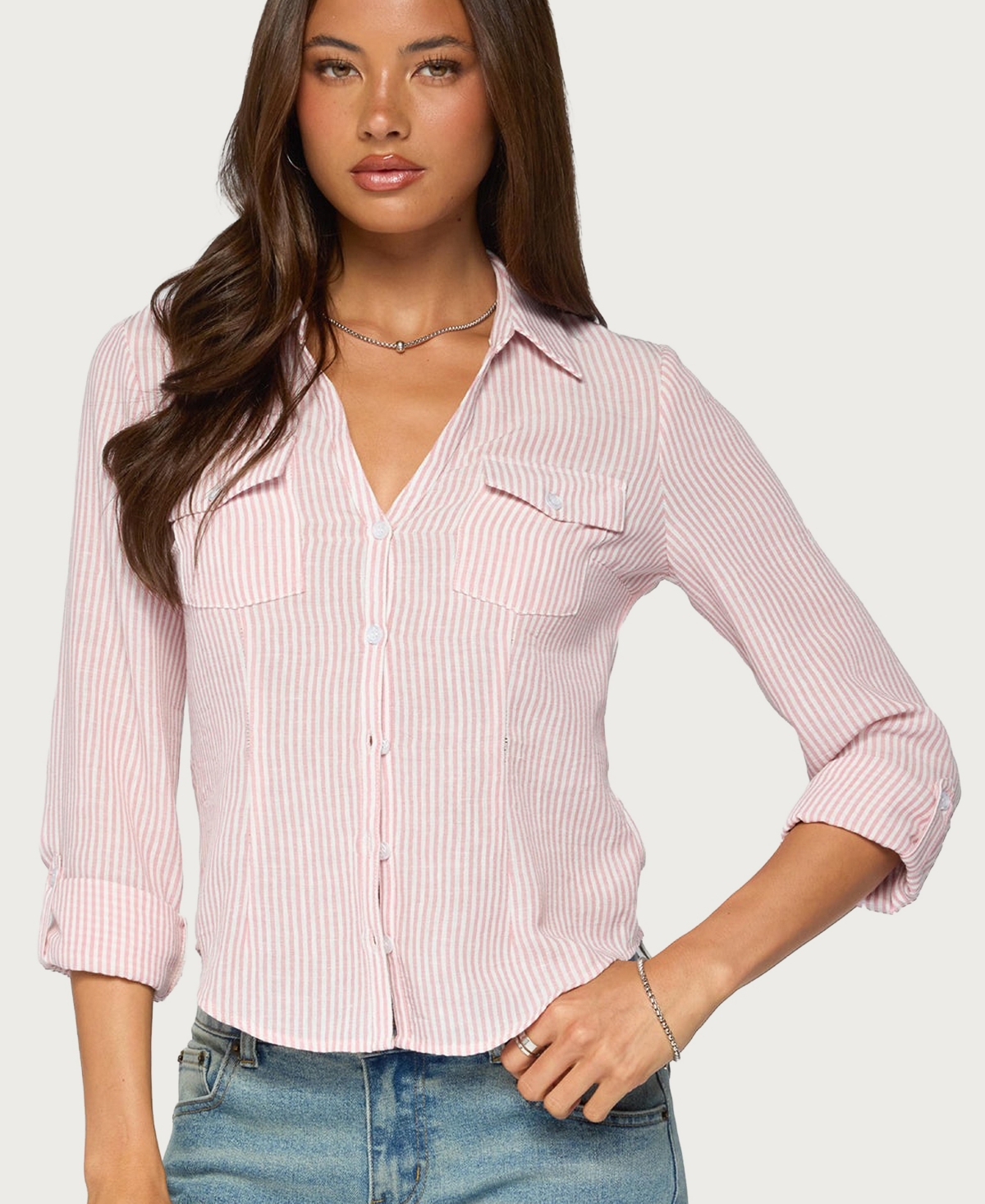 Edikted Women's Phobe Striped Collared Long-Sleeve Button-Up Top - Light-pink-and-white