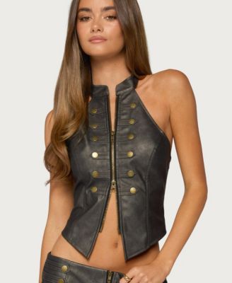 Women's Harle Napoleon Faux Leather Halter Crop Open-Back Top