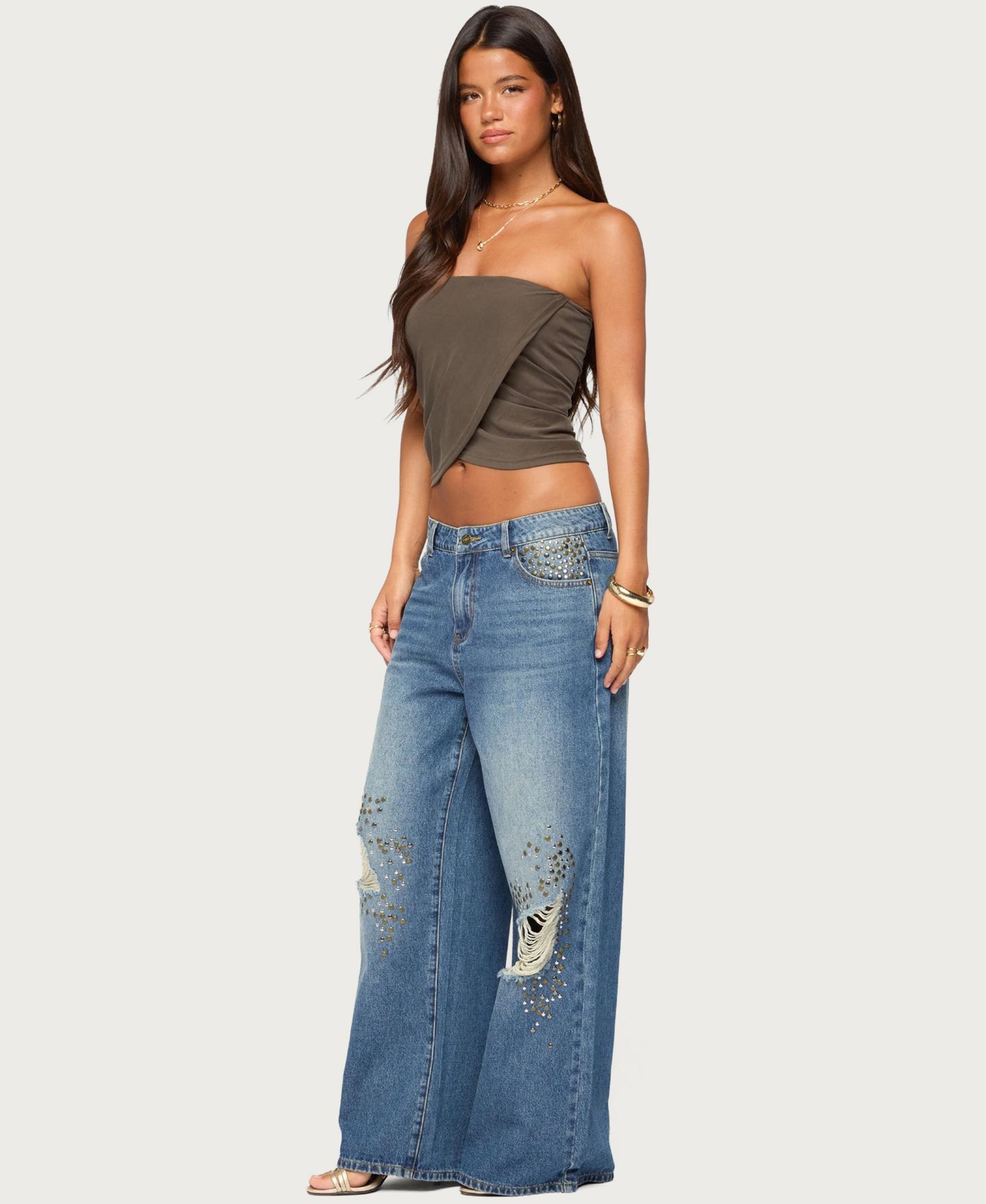 Женский топ Edikted Amei Strapless Asymmetric Wrap, цвет: Коричневый — фото 3