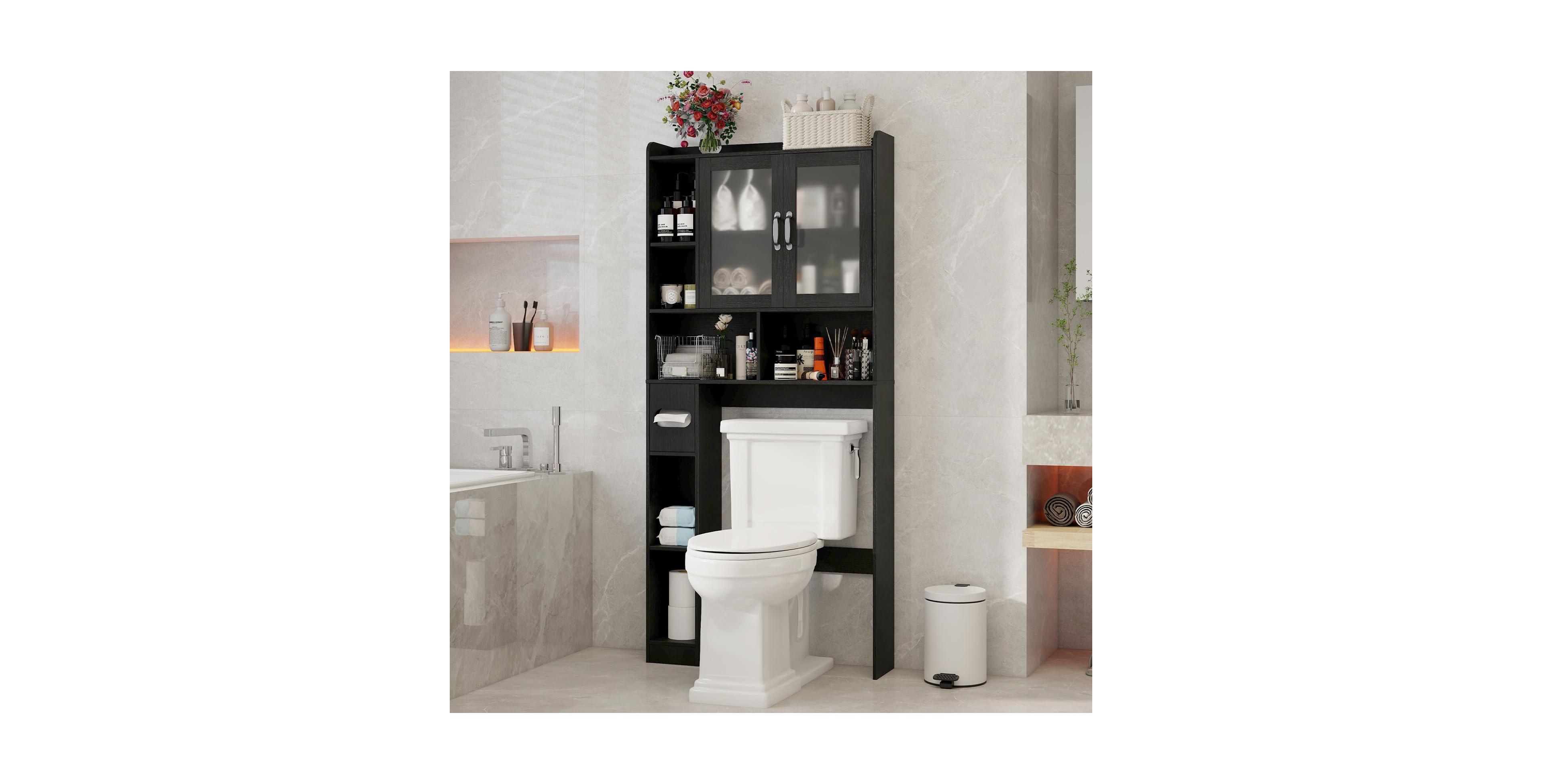 Vabches Modern 6-Shelf Over-the-Toilet Storage with Frosted Glass Doors and Toilet Paper Holder