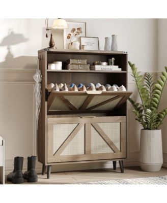 Shoe Storage Cabinet with 2 Flip Drawers,Freestanding Narrow Shoe Organizer with Open shoe Storage