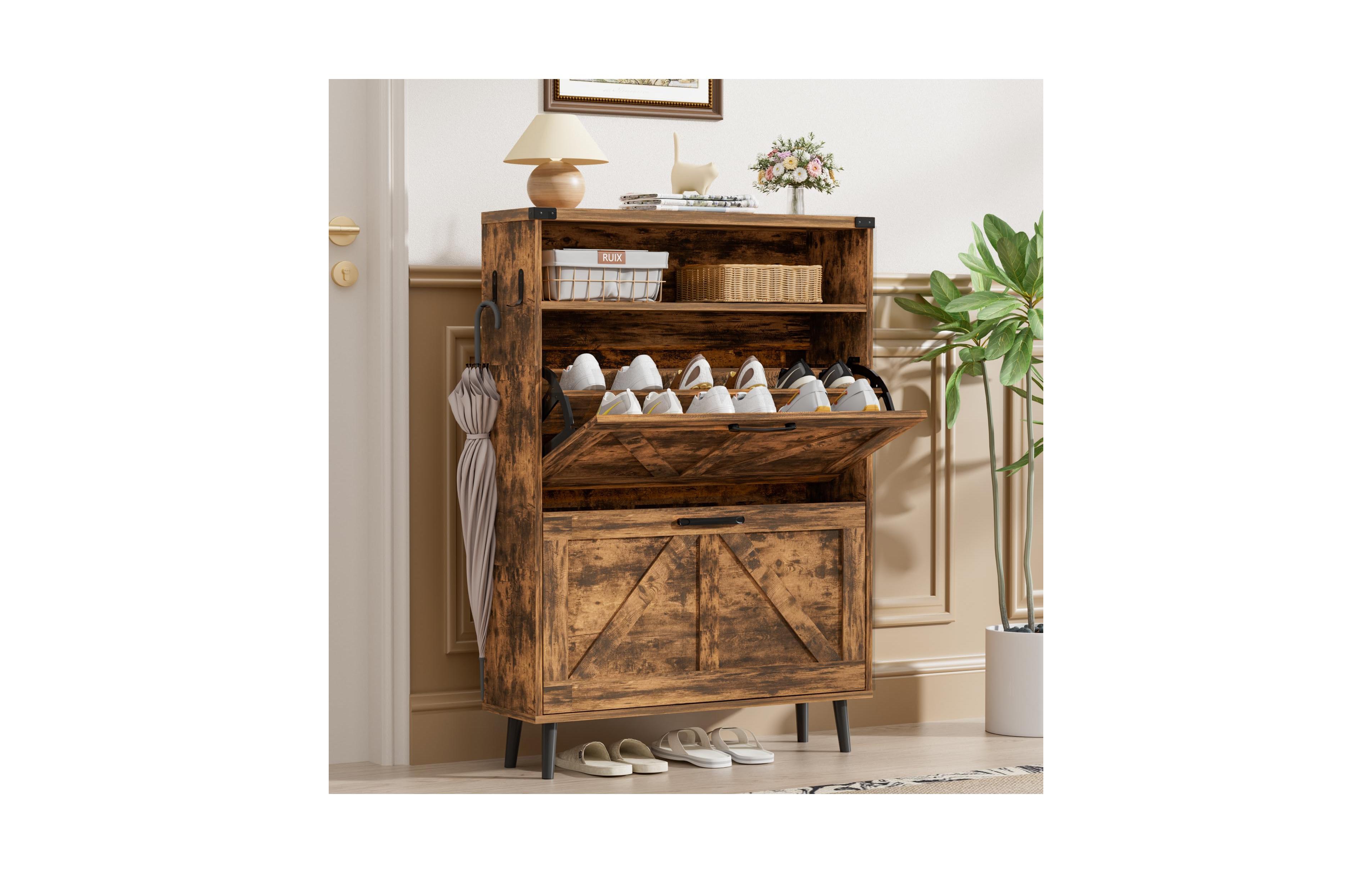 Vabches shoe Storage Cabinet with 2 Flip Drawers,Freestanding Narrow Organizer Open