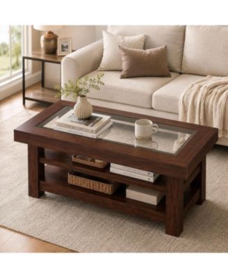 47.2 Inch Glass Top Coffee Table with Open Storage Shelves, Particleboard Living Room Accent Table