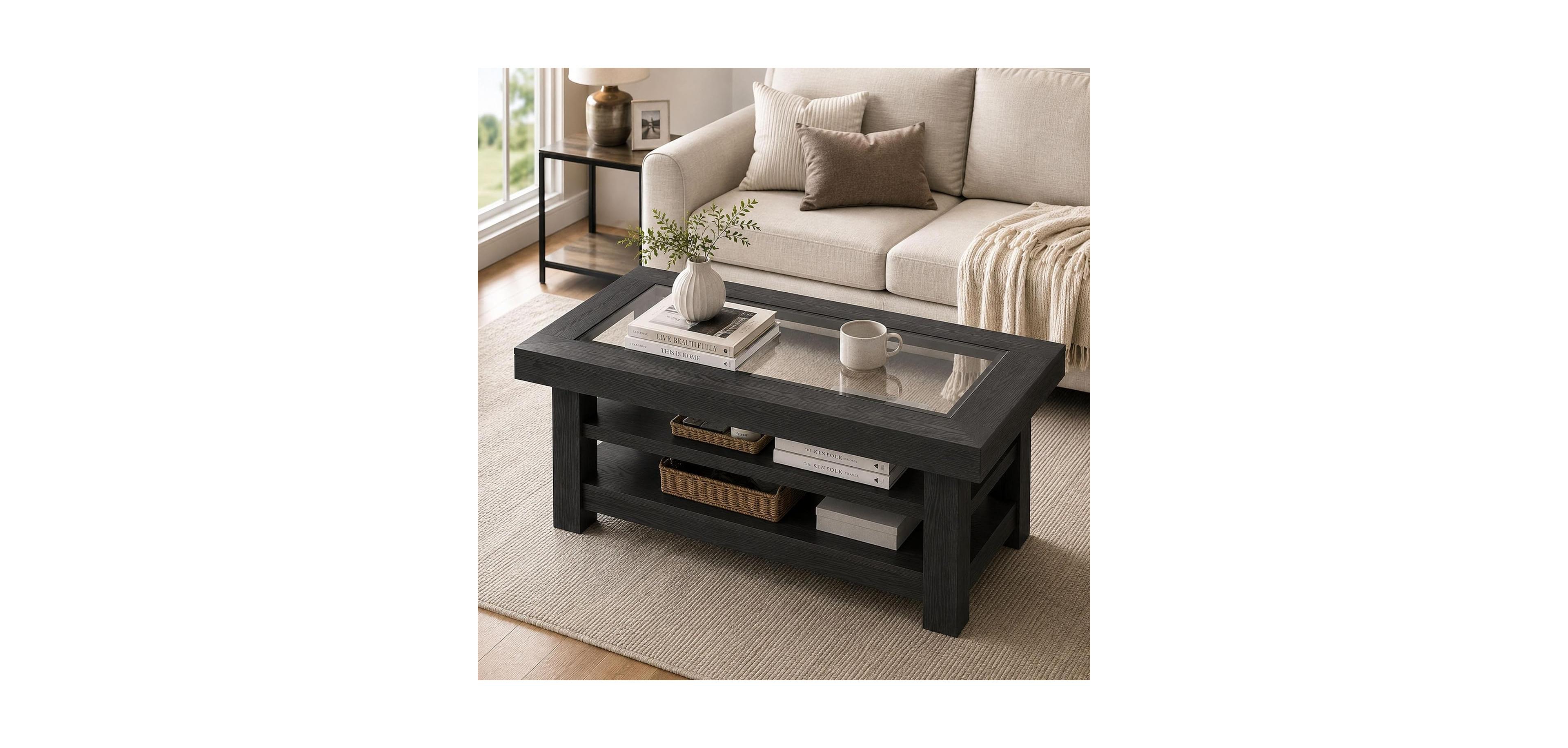 gaomon 47.2 Inch Glass Top Coffee Table with Open Storage Shelves, Particleboard Living Room Accent