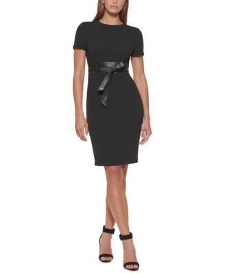 Solid Faux-Leather Tie-Waist Sheath Dress