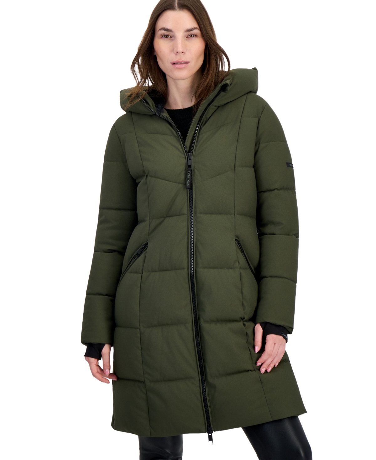Calvin Klein Women's Hooded Zippered Puffer Coat - Olive Night